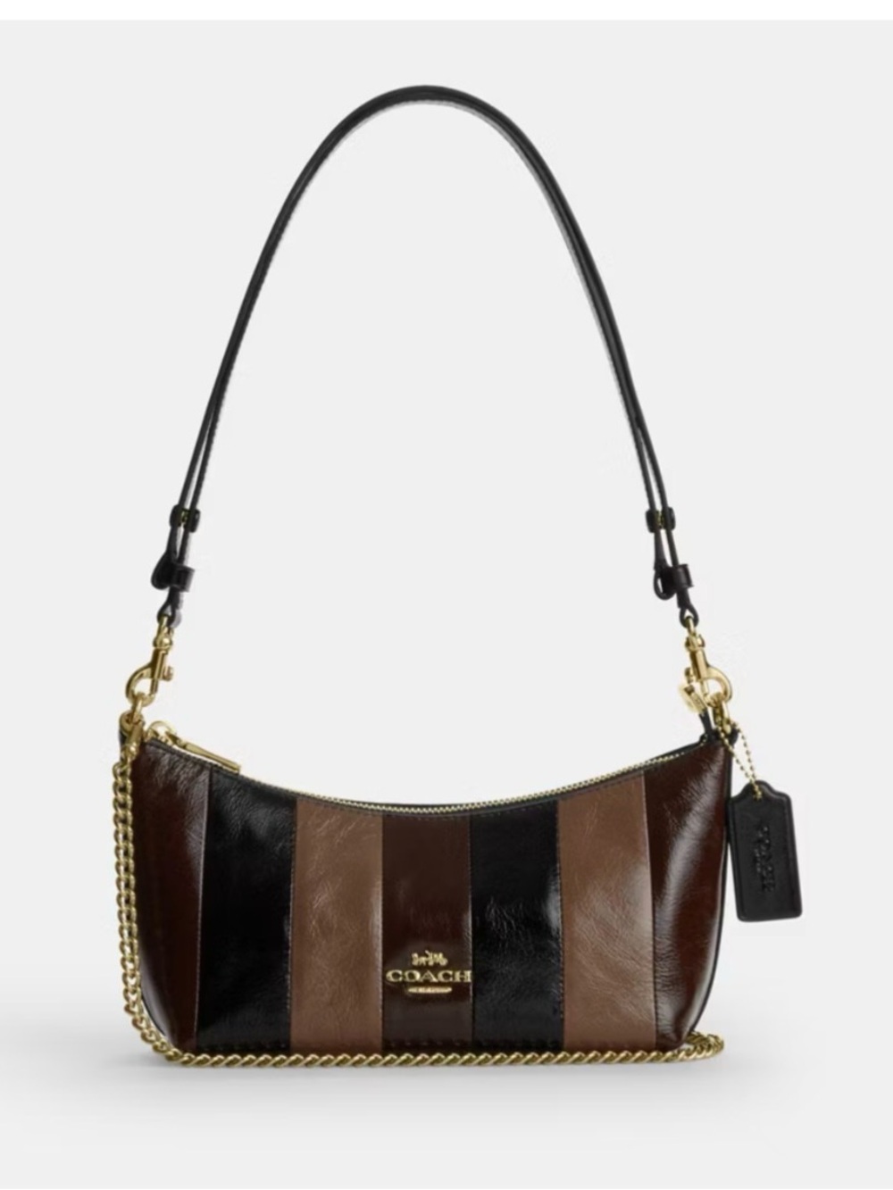 🖤🤎Coach NWT Caitlin Stripe-Crinkle Cut Leather Bag in Brown/Black Gold Hardware